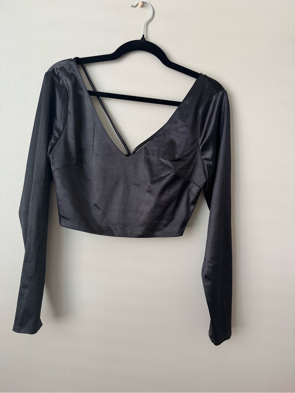 City Vibe Black **MATCHING SET** Satin Long Sleeve V-Neck Crop Top and Skirt Set